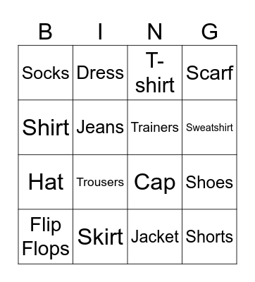 Clothes Bingo Card
