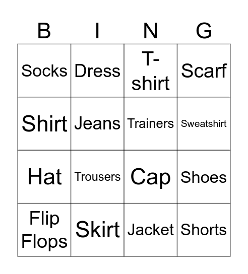 Clothes Bingo Card