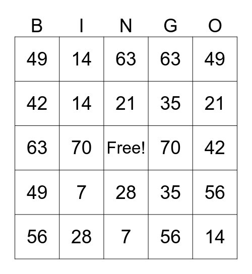 Multiply x7 Bingo Card