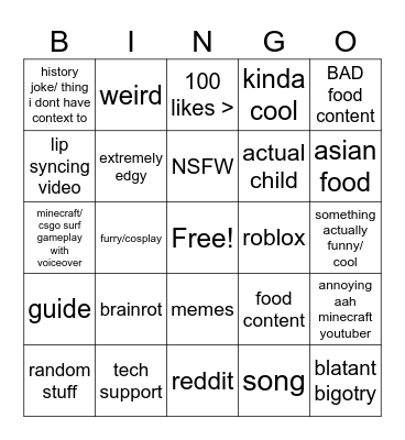 youtube shorts bingo Card