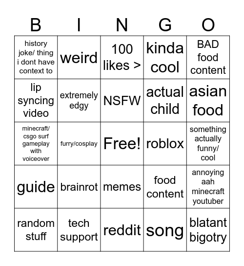 youtube shorts bingo Card