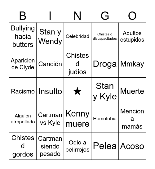 South Park bingo Card