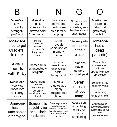 Kid Smackers Backstory Bingo Card