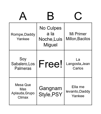 Bingo Musical Bingo Card