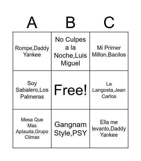 Bingo Musical Bingo Card