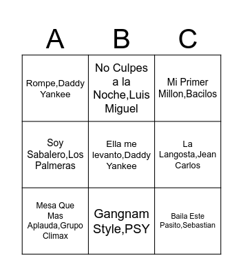 Bingo Musical Bingo Card