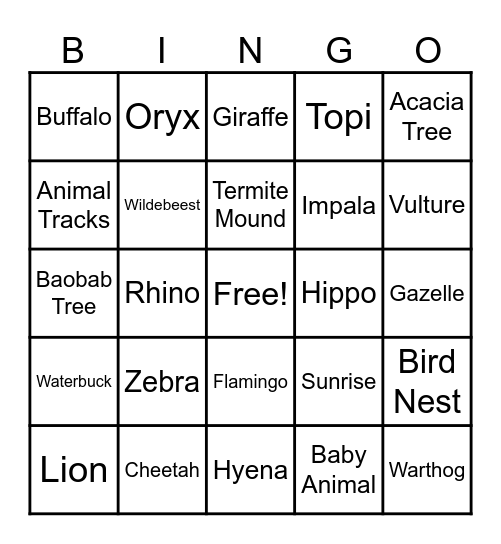 Safari Bingo Card