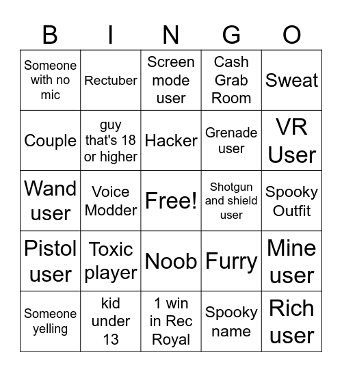 Rec Room Bingo Card