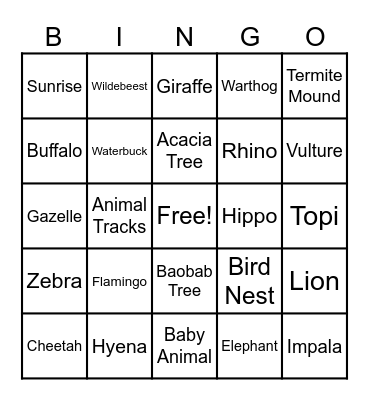 Safari Bingo Card