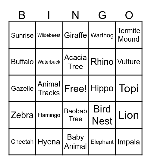 Safari Bingo Card