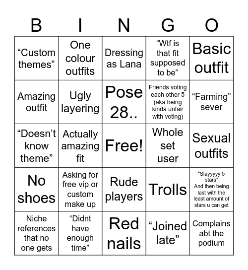 Dress to impress Bingo Card