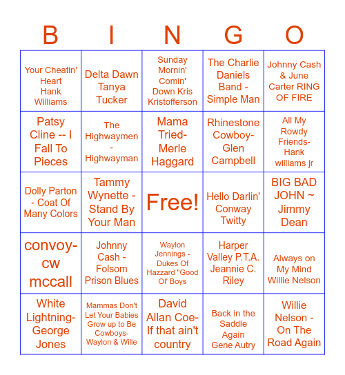 classic country western songs bingo list 1 Bingo Card