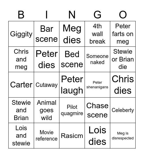 Family guy Bingo Card