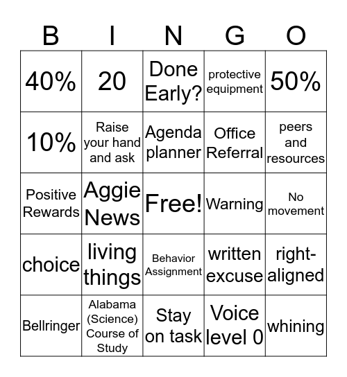 Rules and Procedures Bingo Card