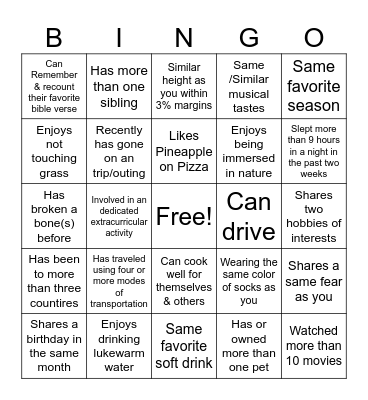 Get to know each other BINGO! Bingo Card