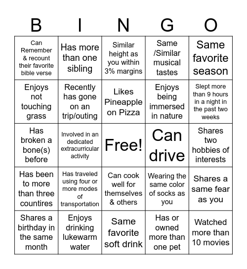 Get to know each other BINGO! Bingo Card