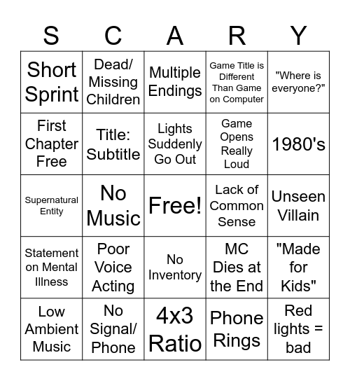 Horror Game Requirements Bingo Card