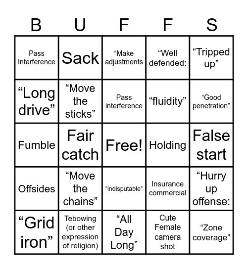 College Football Bingo Card