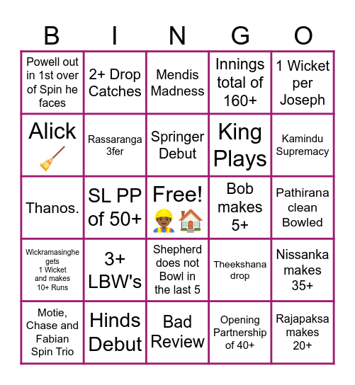WI vs SL Bingo Card
