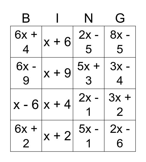 Polynomial Subtraction Bingo Card