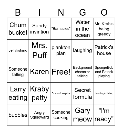Spongebob bingo Card