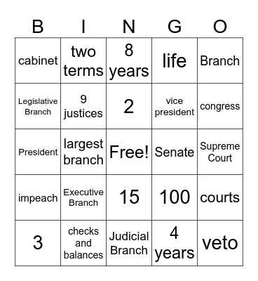 THREE BRANCHES OF GOVERNMENT Bingo Card