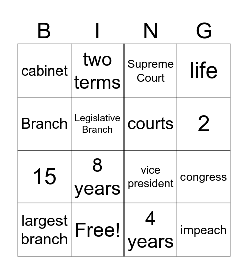 THREE BRANCHES OF GOVERNMENT Bingo Card