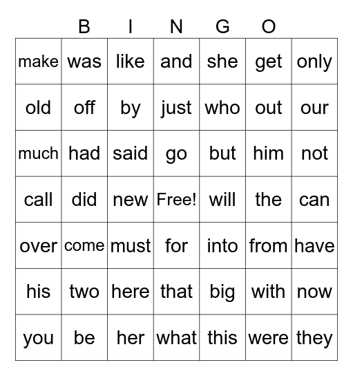 Sight Word Bingo Card