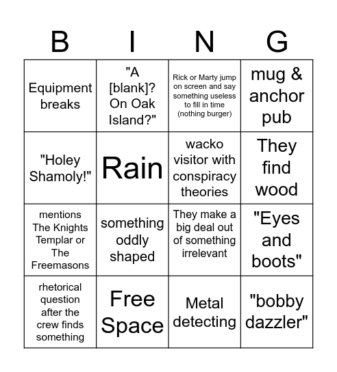 Oak Island Bingo Card