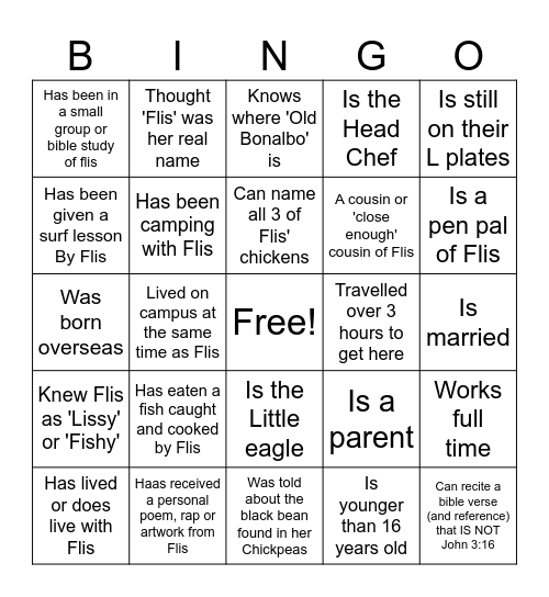 Flis' Favourite People - 'Find someone who...' Bingo Card