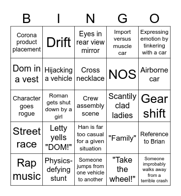 Fast and Furious Films Bingo Card
