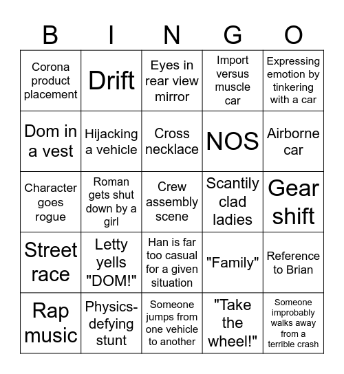 Fast and Furious Films Bingo Card