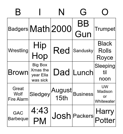 Alec Is 16 Bingo Card