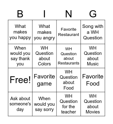 Conversations WH Questions Bingo Card