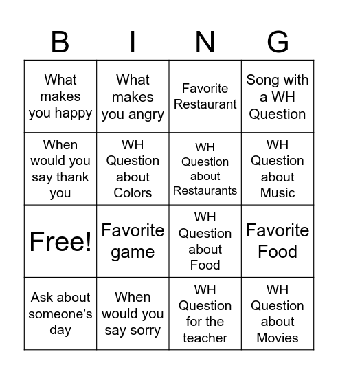 Conversations WH Questions Bingo Card