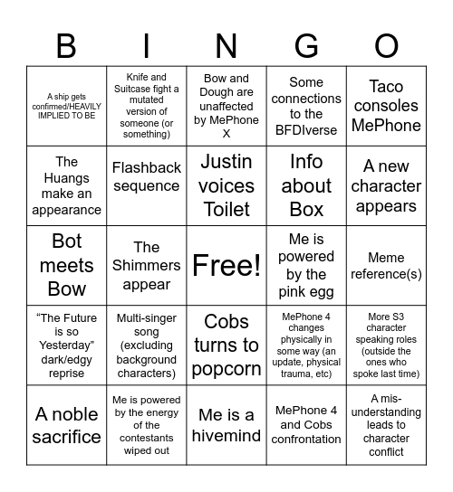 S2 E17 Predictions Bingo Card