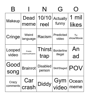 Instagram reels bingo Card