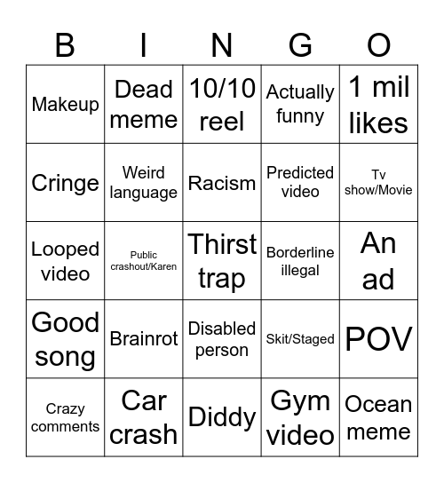 Instagram reels bingo Card