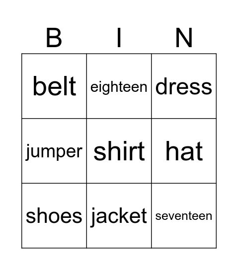 clothes Bingo Card