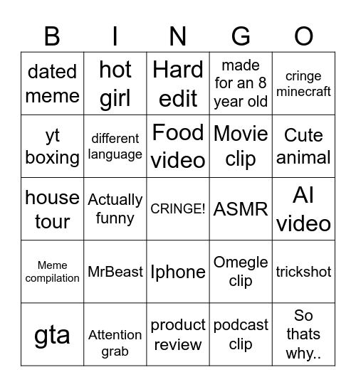 YouTube shorts Bingo Card