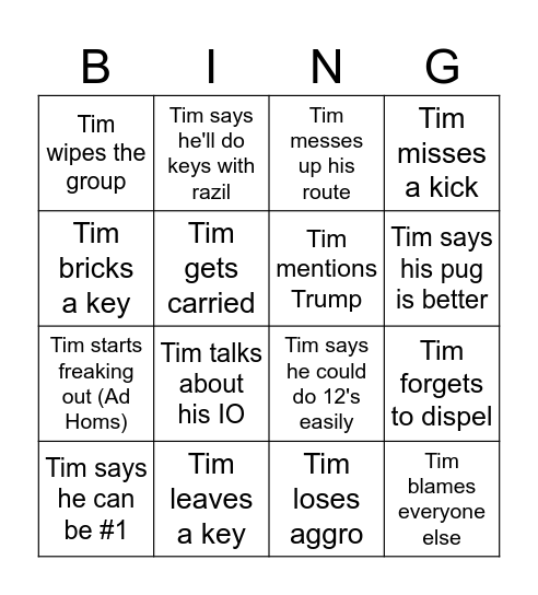 Timmy Ten Bingo Card