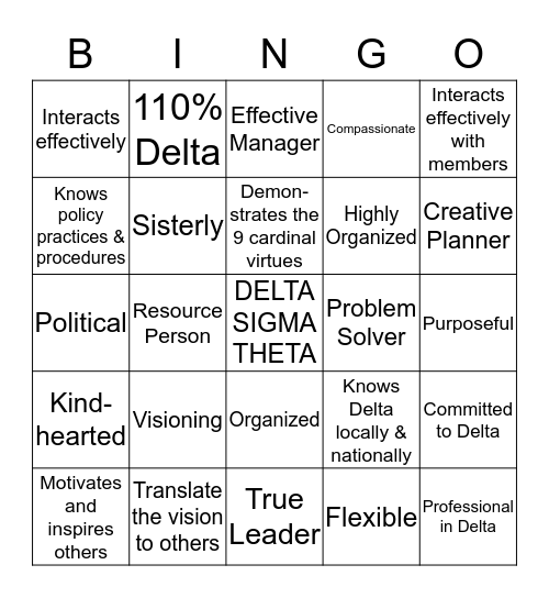 Delta Leadership Competencies Bingo Card