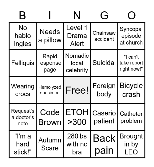 Sunday Funday ED Bingo Card