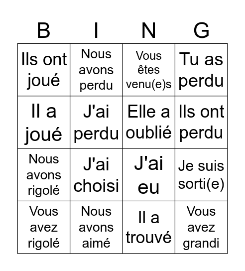 Passé composé Bingo Card