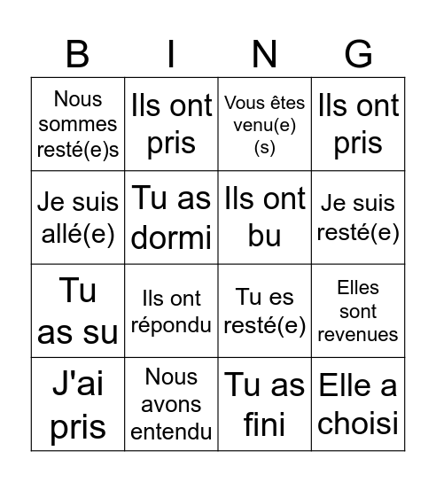 Le passé composé Bingo Card