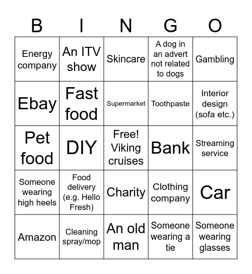 Midsomer Murders Adverts Bingo Card