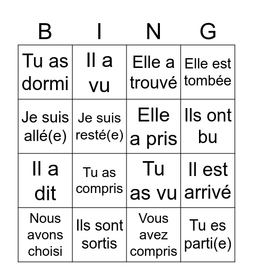 Le passé composé Bingo Card