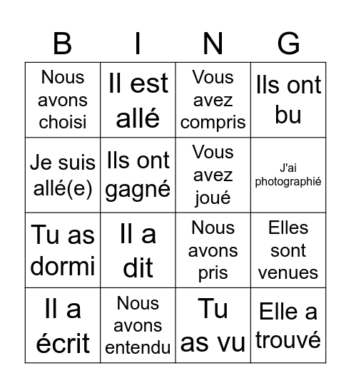 Le passé composé Bingo Card