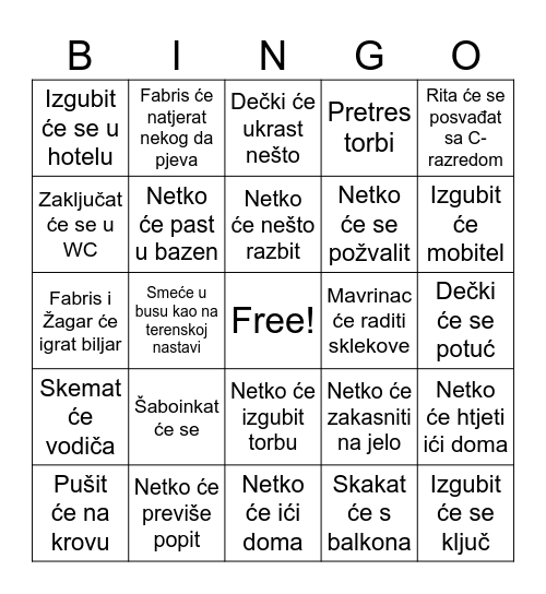 Ekskurzija bingo Card