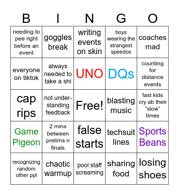 Swim meet Bingo Card